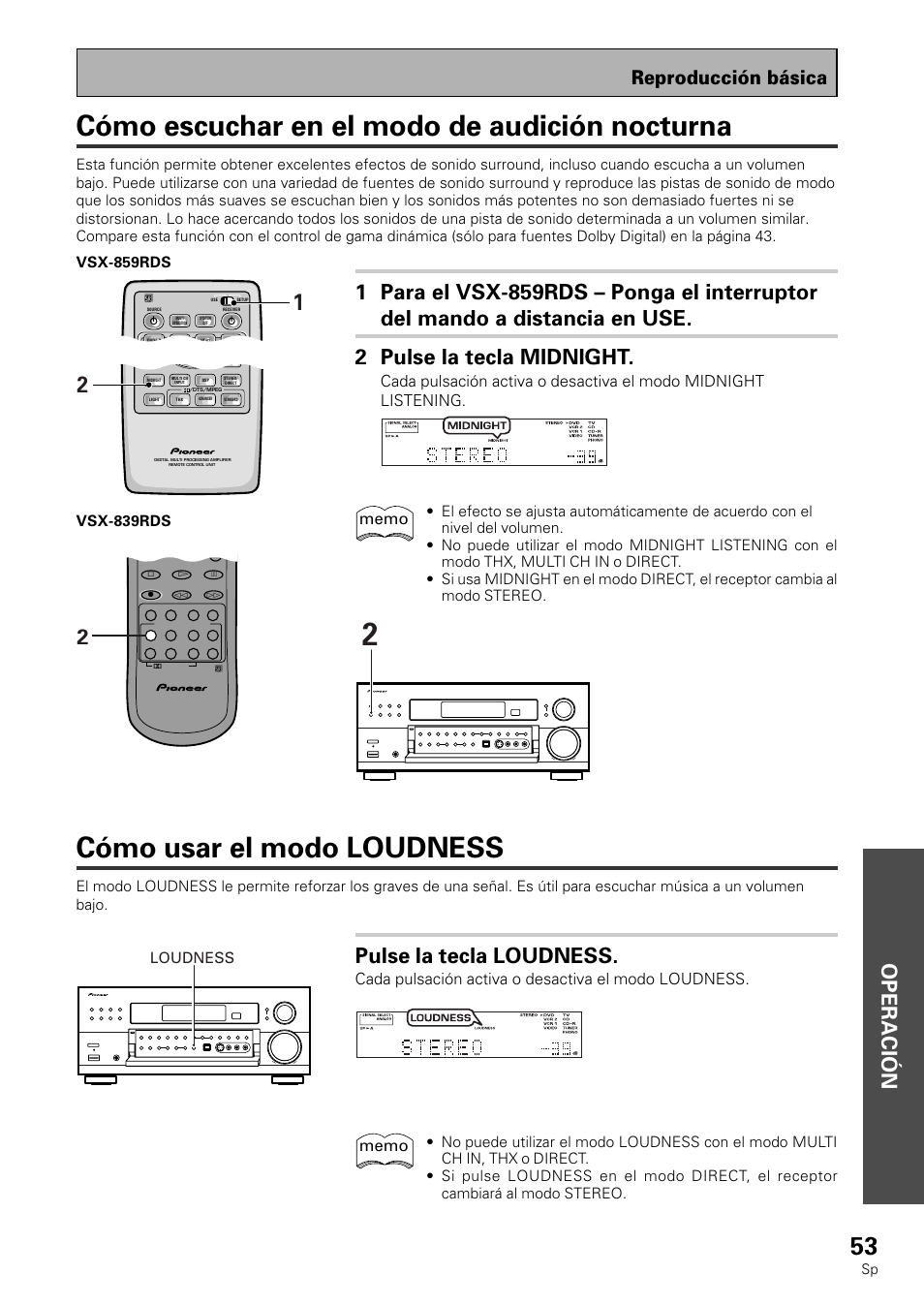 Cómo escuchar en el modo de audición nocturna, Cómo usar el modo loudness, Operación | Pulse la tecla loudness, Reproducción básica, Cada pulsación activa o desactiva el modo loudness, Loudness | Pioneer VSX-839RDS User Manual | Page 53 / 116