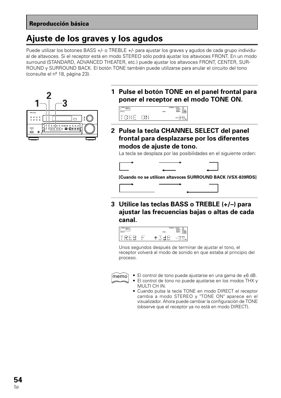 Ajuste de los graves y los agudos | Pioneer VSX-839RDS User Manual | Page 54 / 116