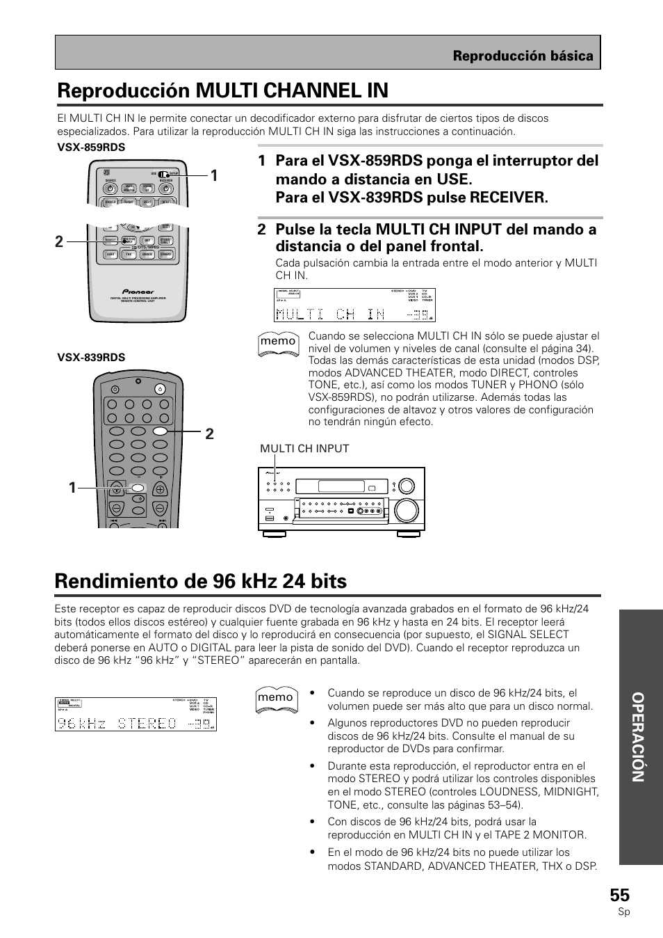 Reproducción multi channel in, Rendimiento de 96 khz 24 bits, Operación | Reproducción básica | Pioneer VSX-839RDS User Manual | Page 55 / 116