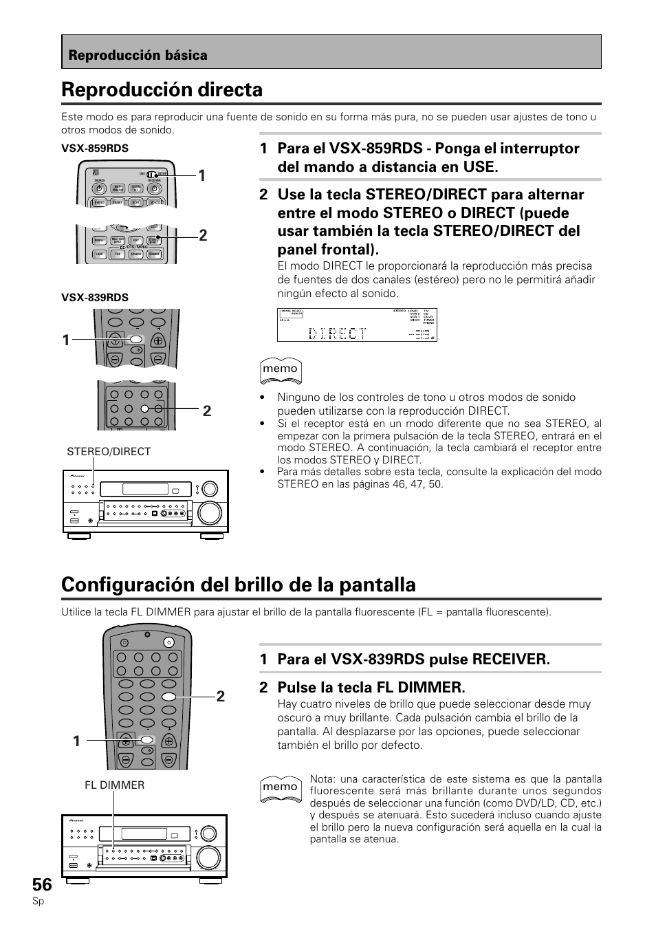 Configuración del brillo de la pantalla, Reproducción directa, Reproducción básica | Fl dimmer | Pioneer VSX-839RDS User Manual | Page 56 / 116