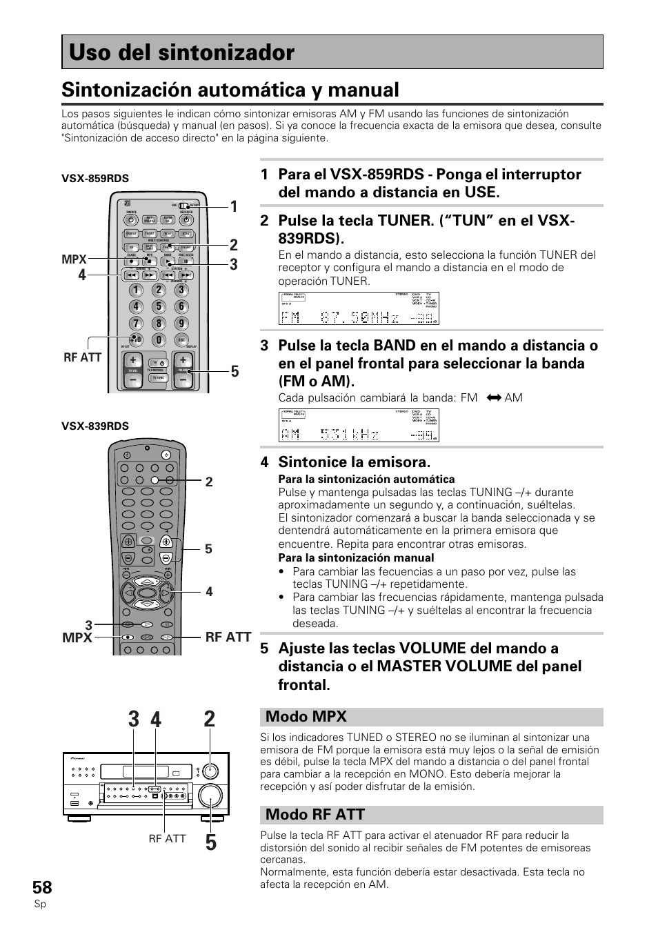 Uso del sintonizador, Sintonización automática y manual, 4 sintonice la emisora | Modo rf att, 3mpx 2 4 rf att 5, Rf att, Cada pulsación cambiará la banda: fm j am | Pioneer VSX-839RDS User Manual | Page 58 / 116