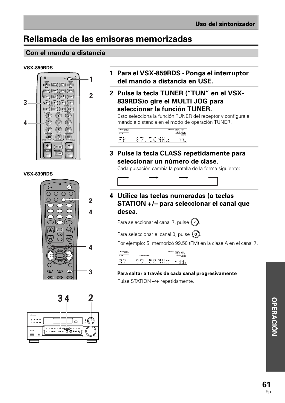 Rellamado de las emisoras memorizadas, Opera tion operación, Uso del sintonizador | Para seleccionar el canal 7, pulse, Para seleccionar el canal 0, pulse | Pioneer VSX-839RDS User Manual | Page 61 / 116