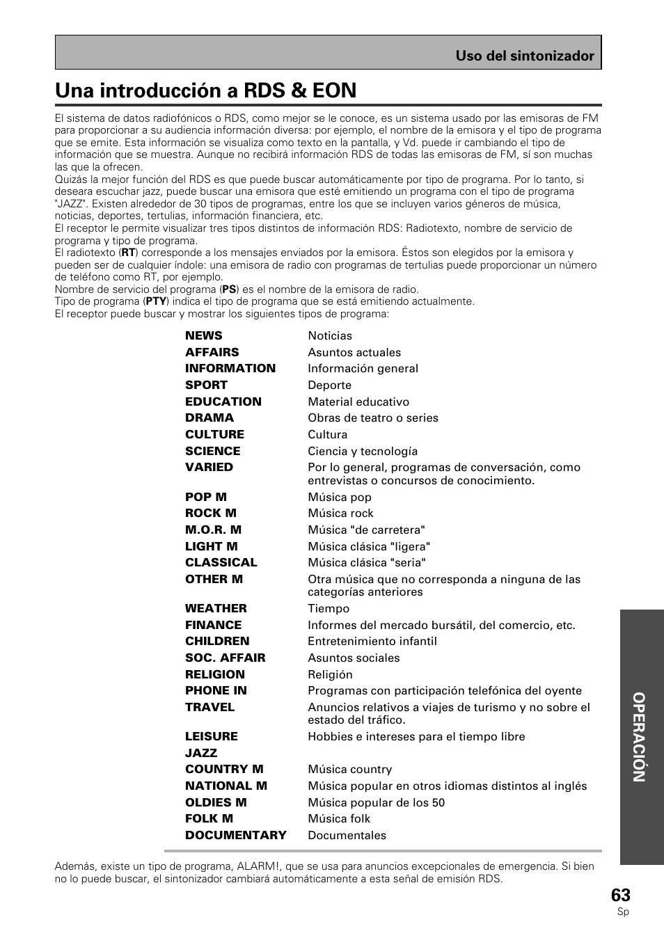 Una introducción a rds & eon, Operación, Uso del sintonizador | Pioneer VSX-839RDS User Manual | Page 63 / 116
