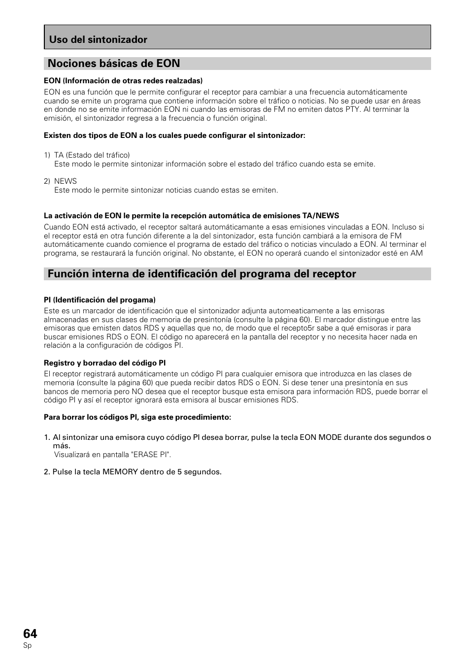 Nociones básicas de eon, Uso del sintonizador | Pioneer VSX-839RDS User Manual | Page 64 / 116