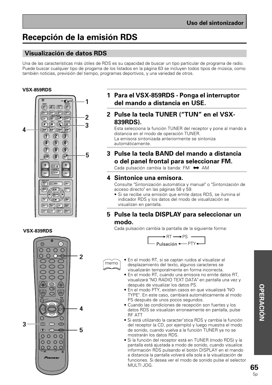 Recepción de la emisión rds, Operación, Visualización de datos rds | 4 sintonice una emisora, 5 pulse la tecla display para seleccionar un modo, Uso del sintonizador, Cada pulsación cambia la banda: fm j am, Pulsación | Pioneer VSX-839RDS User Manual | Page 65 / 116