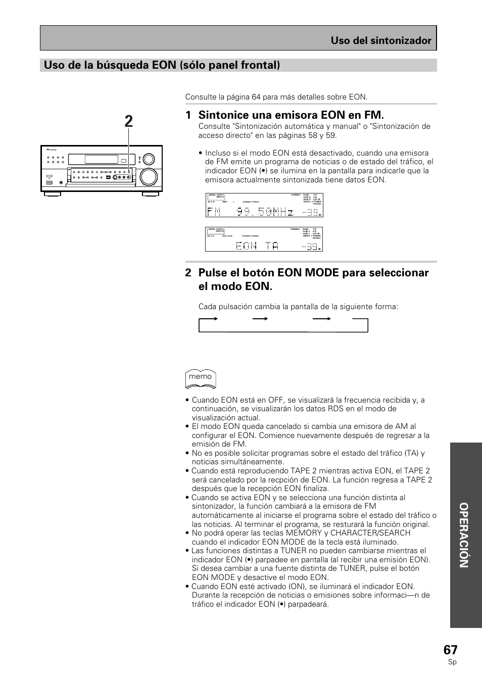 1 sintonice una emisora eon en fm | Pioneer VSX-839RDS User Manual | Page 67 / 116