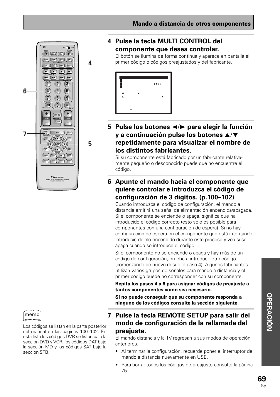 Operación, Mando a distancia de otros componentes | Pioneer VSX-839RDS User Manual | Page 69 / 116