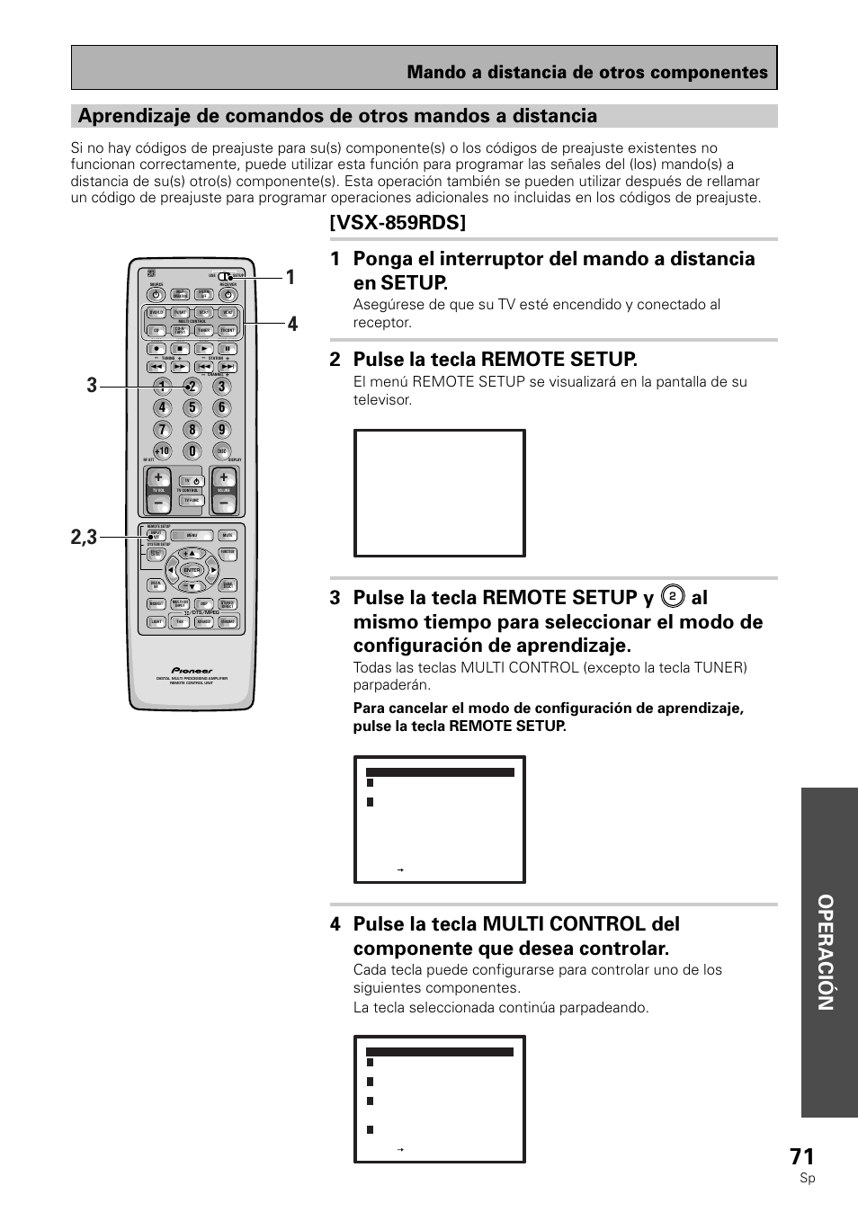 Operación, 2 pulse la tecla remote setup, 3 pulse la tecla remote setup y | Mando a distancia de otros componentes | Pioneer VSX-839RDS User Manual | Page 71 / 116
