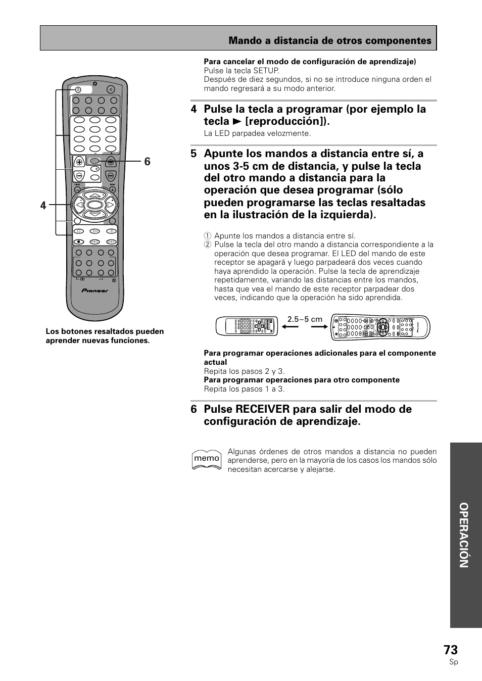 Operación, Mando a distancia de otros componentes, La led parpadea velozmente | Sp 2.5 – 5 cm, Tv vcr 1 vcr 2 | Pioneer VSX-839RDS User Manual | Page 73 / 116