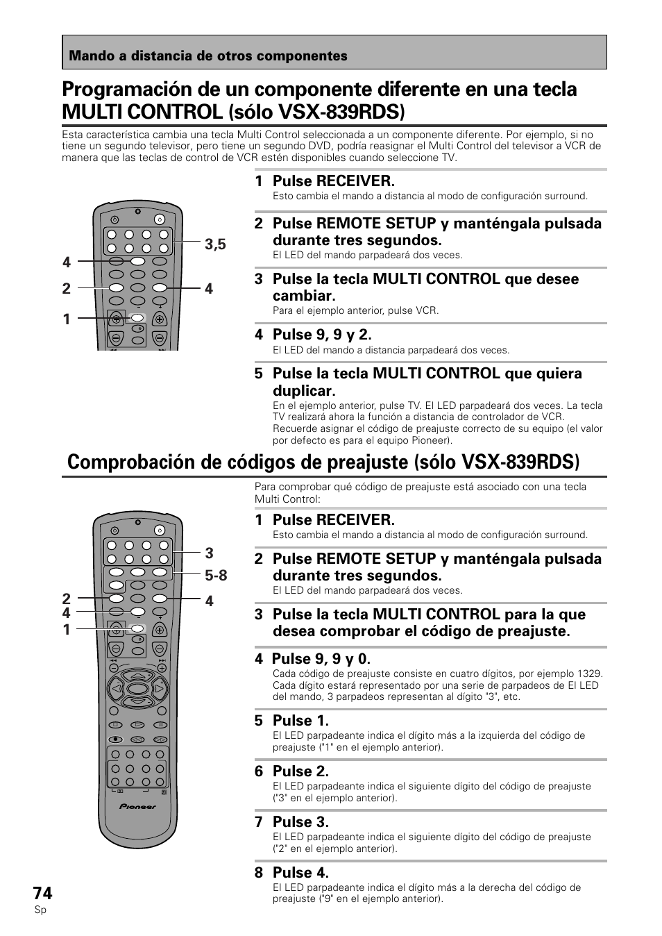 1 pulse receiver, 3 pulse la tecla multi control que desee cambiar, 4 pulse 9, 9 y 2 | 5 pulse la tecla multi control que quiera duplicar, 5 pulse 1, 6 pulse 2, 7 pulse 3, 8 pulse 4, Mando a distancia de otros componentes, El led del mando parpadeará dos veces | Pioneer VSX-839RDS User Manual | Page 74 / 116
