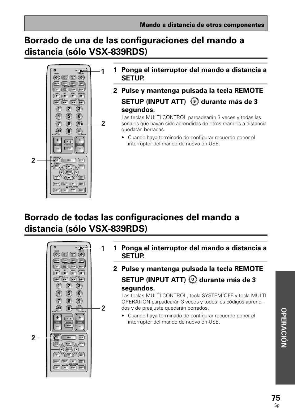 Operación, Durante más de 3 segundos, Mando a distancia de otros componentes | Pioneer VSX-839RDS User Manual | Page 75 / 116