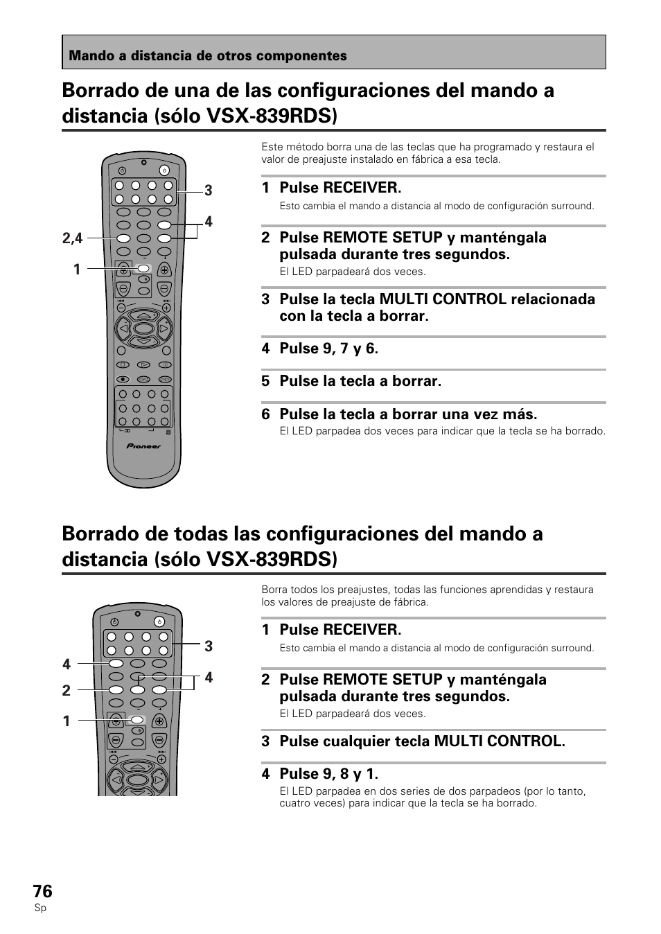 1 pulse receiver, Mando a distancia de otros componentes, El led parpadeará dos veces | Pioneer VSX-839RDS User Manual | Page 76 / 116