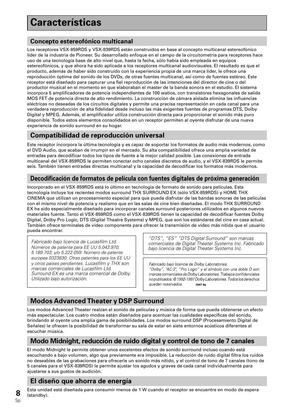 Características, Compatibilidad de reproducción universal, Modos advanced theater y dsp surround | El diseño que ahorra de energía | Pioneer VSX-839RDS User Manual | Page 8 / 116