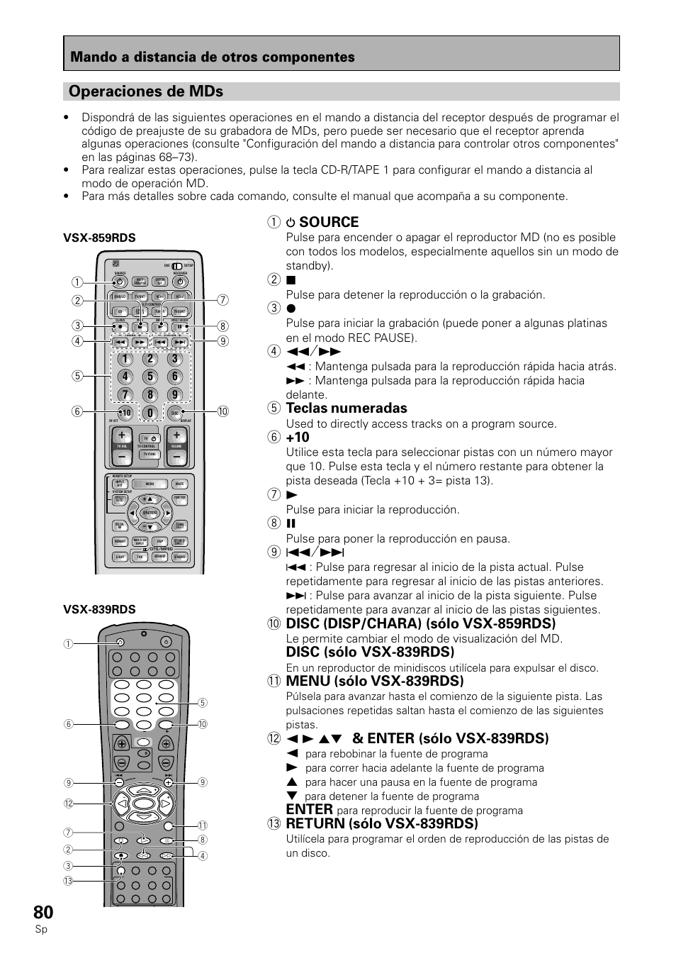 Operaciones de mds, Mando a distancia de otros componentes, 1source | 5 teclas numeradas, 0 disc (disp/chara) (sólo vsx-859rds), Disc (sólo vsx-839rds), Menu (sólo vsx-839rds), Enter, Return (sólo vsx-839rds), Pulse para detener la reproducción o la grabación | Pioneer VSX-839RDS User Manual | Page 80 / 116