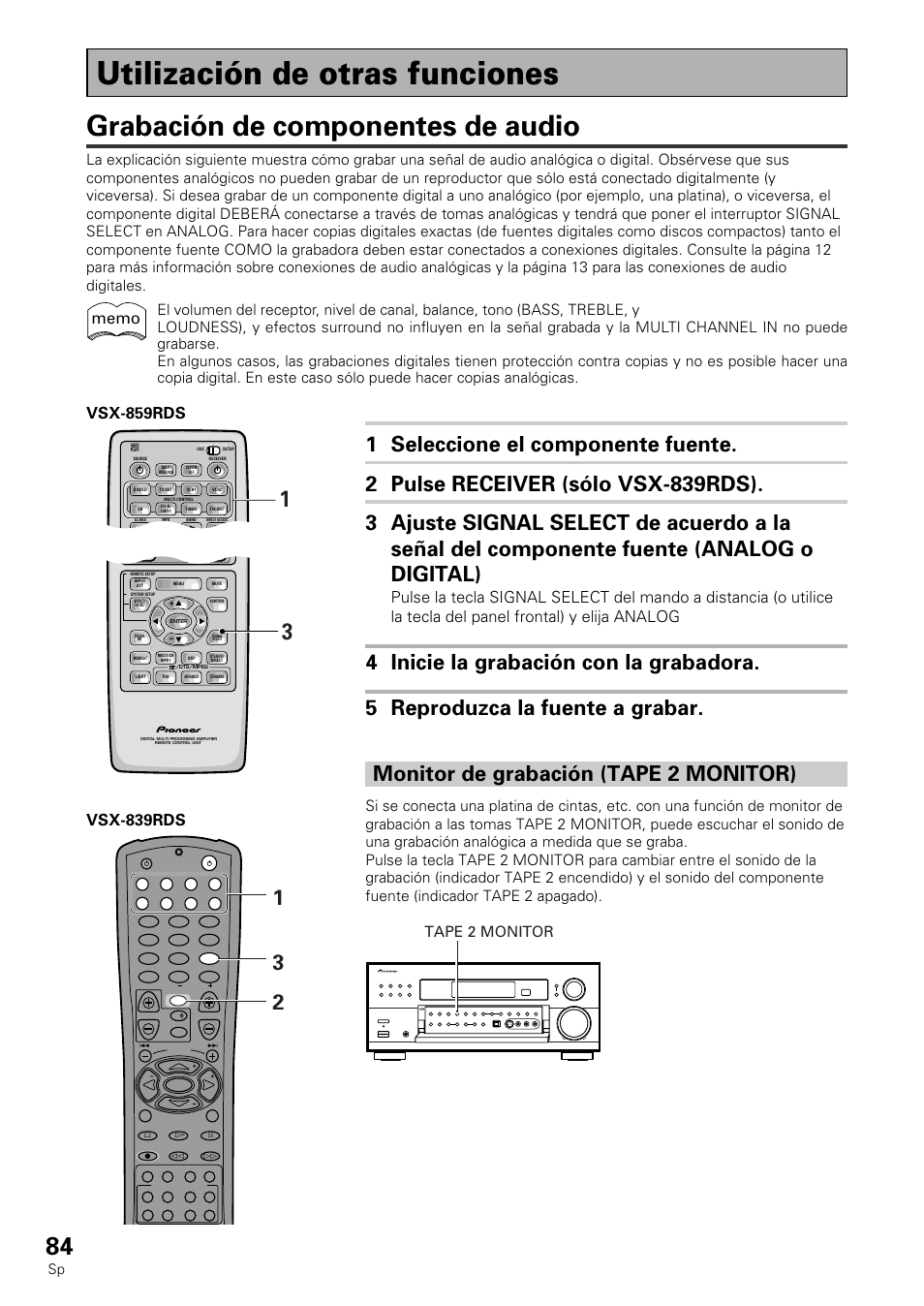 Utilización de otras funciones, Grabación de componentes de audio, Tape 2 monitor | Pioneer VSX-839RDS User Manual | Page 84 / 116