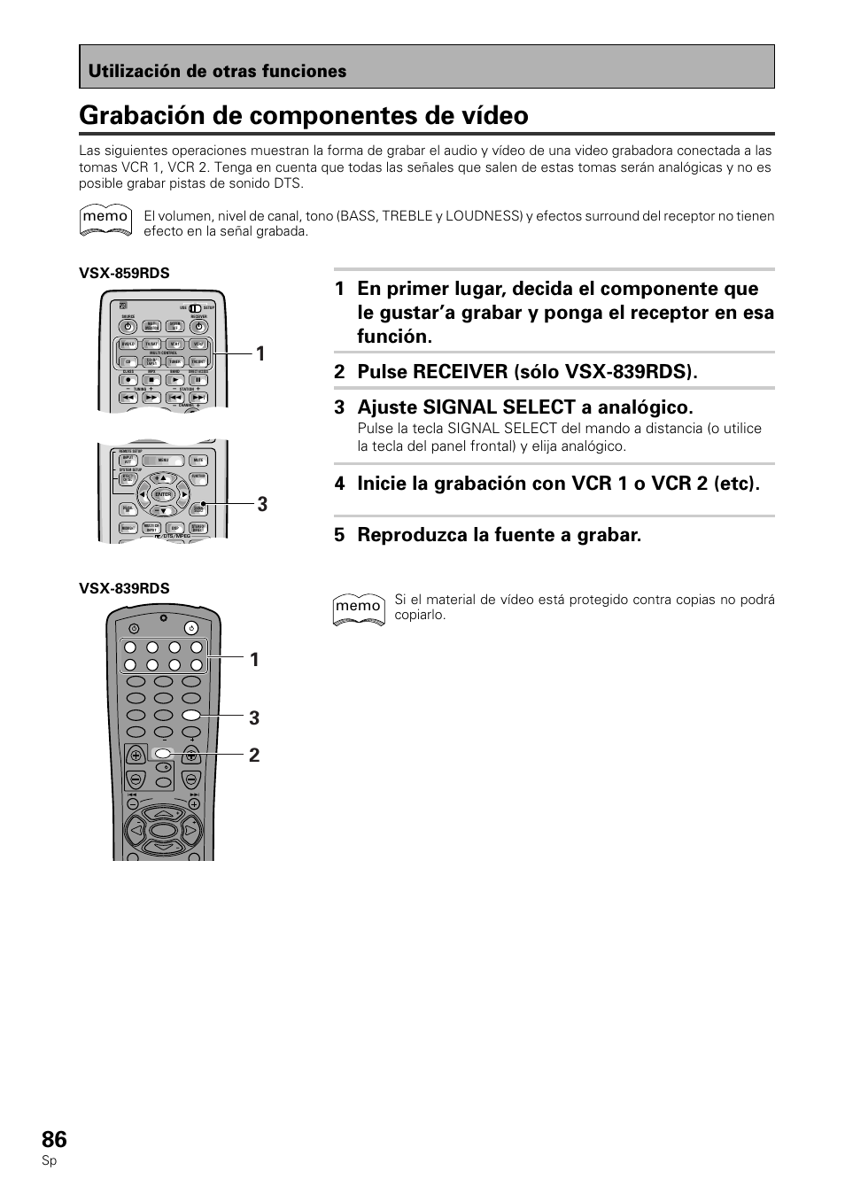 Grabación de componentes de vídeo, Utilización de otras funciones | Pioneer VSX-839RDS User Manual | Page 86 / 116