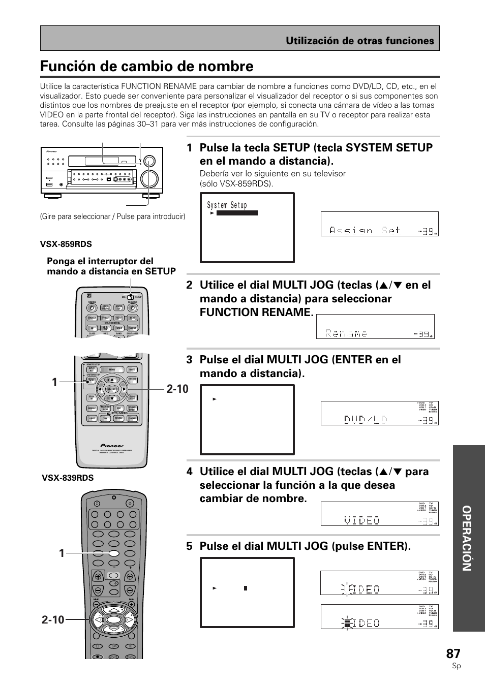 Función de cambio de nombre, Operación, Utilización de otras funciones | Vsx-859rds, Vsx-839rds, Gire para seleccionar / pulse para introducir) | Pioneer VSX-839RDS User Manual | Page 87 / 116