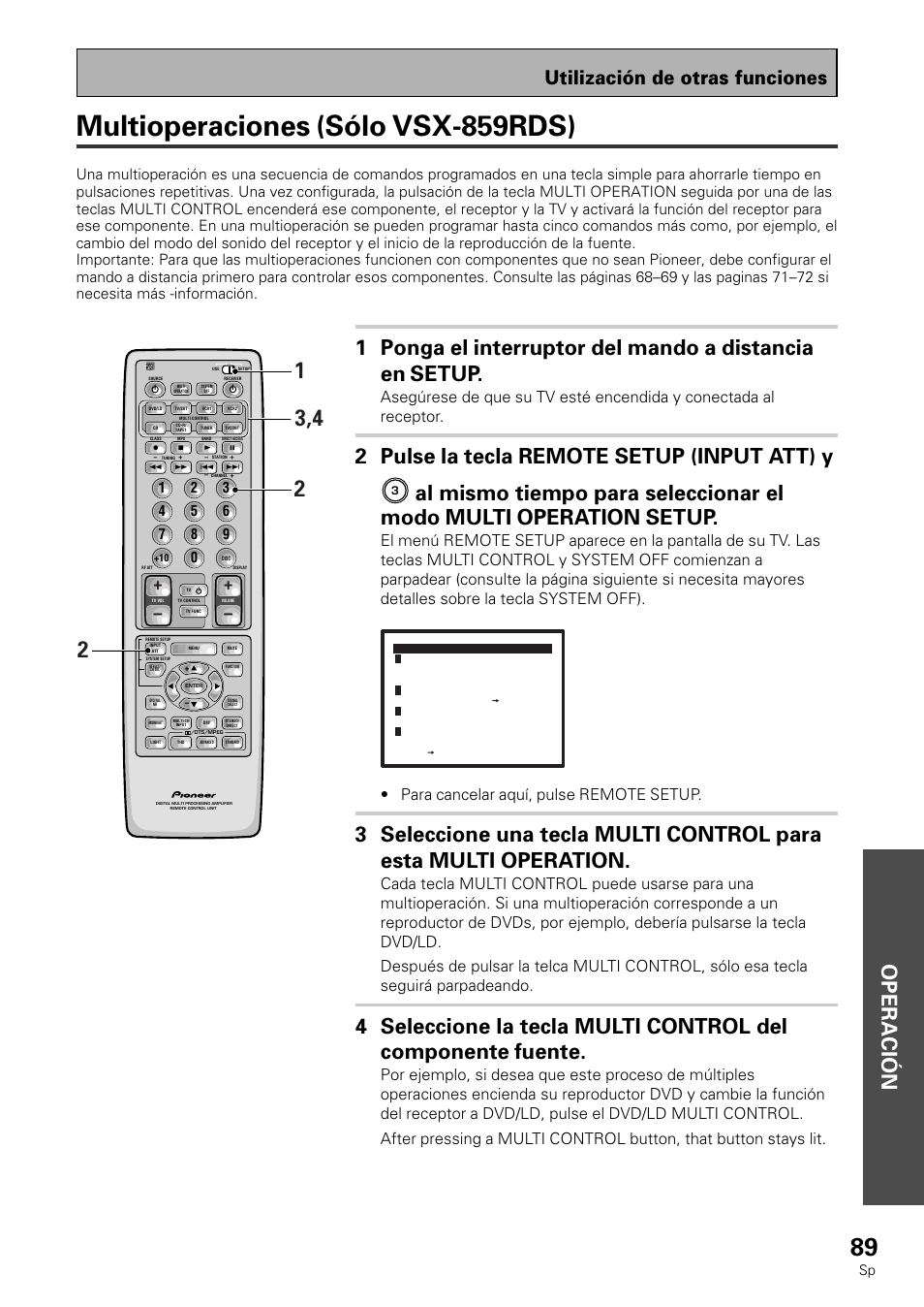 Multioperaciones (sólo vsx-859rds), Operación, 2 pulse la tecla remote setup (input att) y | Utilización de otras funciones, Para cancelar aquí, pulse remote setup | Pioneer VSX-839RDS User Manual | Page 89 / 116