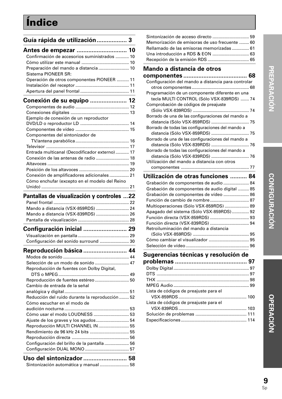 Vsx-859rds, Vsx-859rds-g, Vsx-839rds | Manual de instrucciones, Receptor multicanal, De audio/vídeo, Índice, Prep aración configuración operación | Pioneer VSX-839RDS User Manual | Page 9 / 116