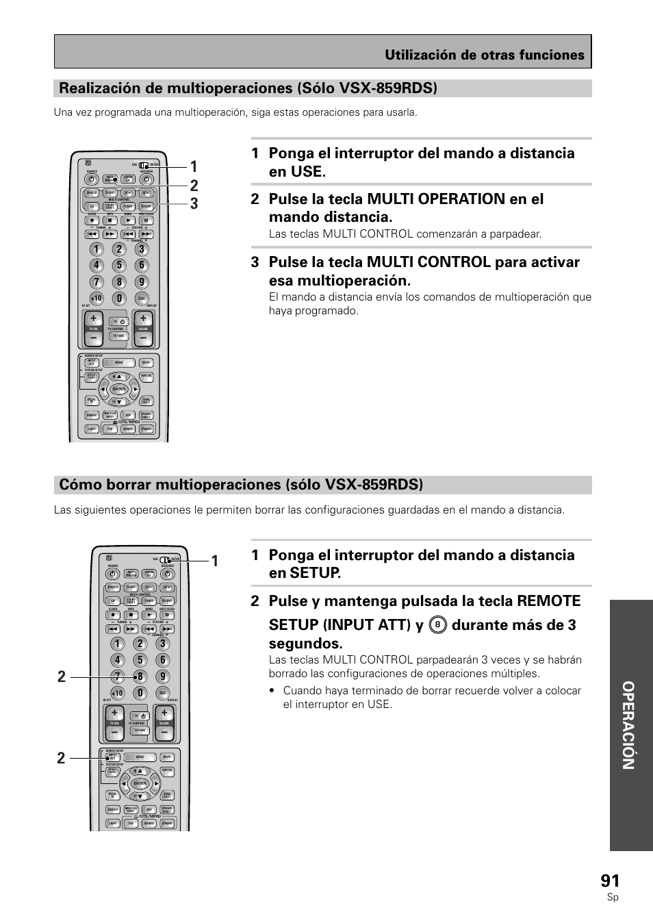 Operación, Realización de multioperaciones (sólo vsx-859rds), Cómo borrar multioperaciones (sólo vsx-859rds) | Durante más de 3 segundos, Utilización de otras funciones, Las teclas multi control comenzarán a parpadear | Pioneer VSX-839RDS User Manual | Page 91 / 116