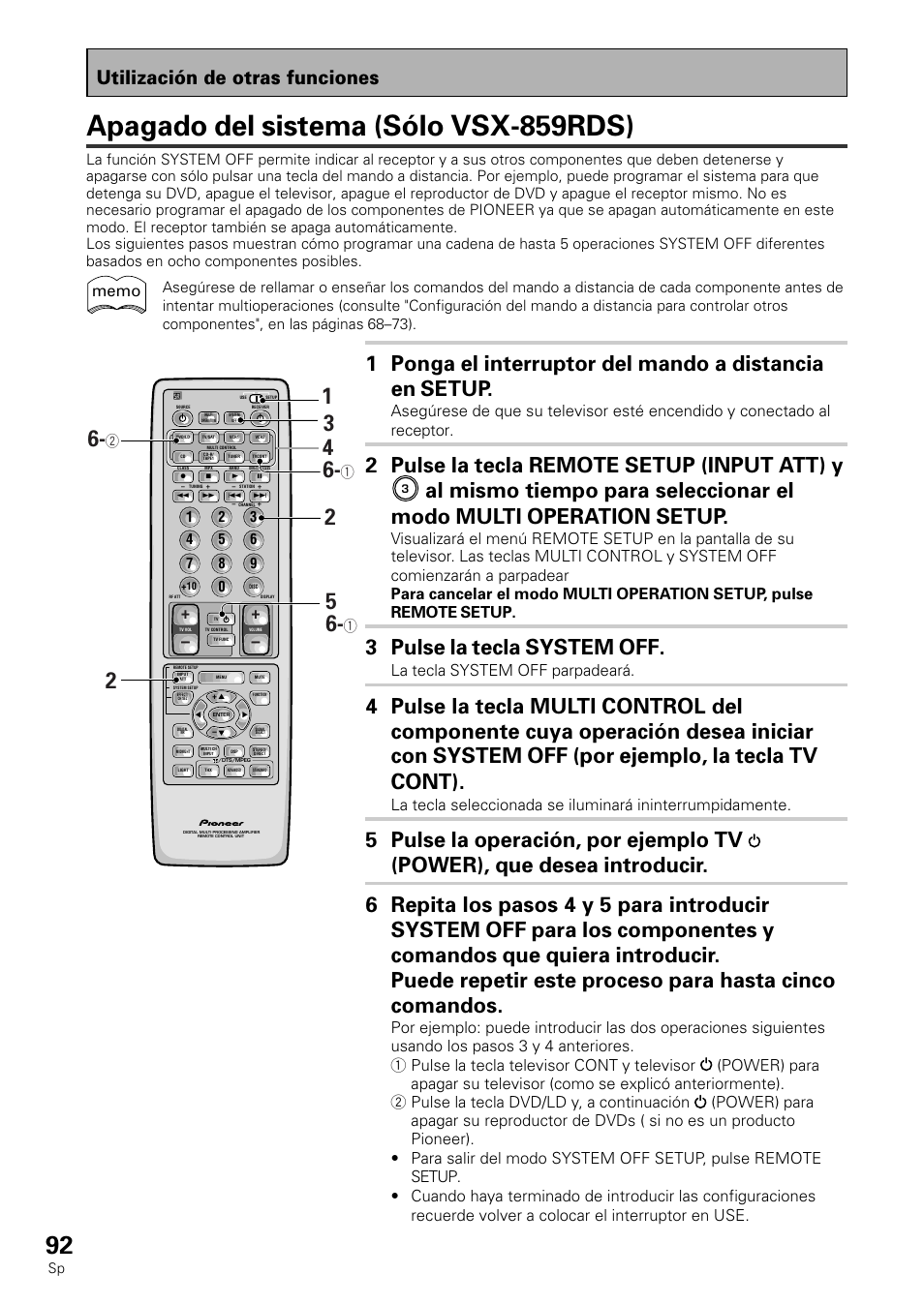 Apagado del sistema (sólo vsx-859rds), 2 pulse la tecla remote setup (input att) y, 3 pulse la tecla system off | Utilización de otras funciones, La tecla system off parpadeará | Pioneer VSX-839RDS User Manual | Page 92 / 116