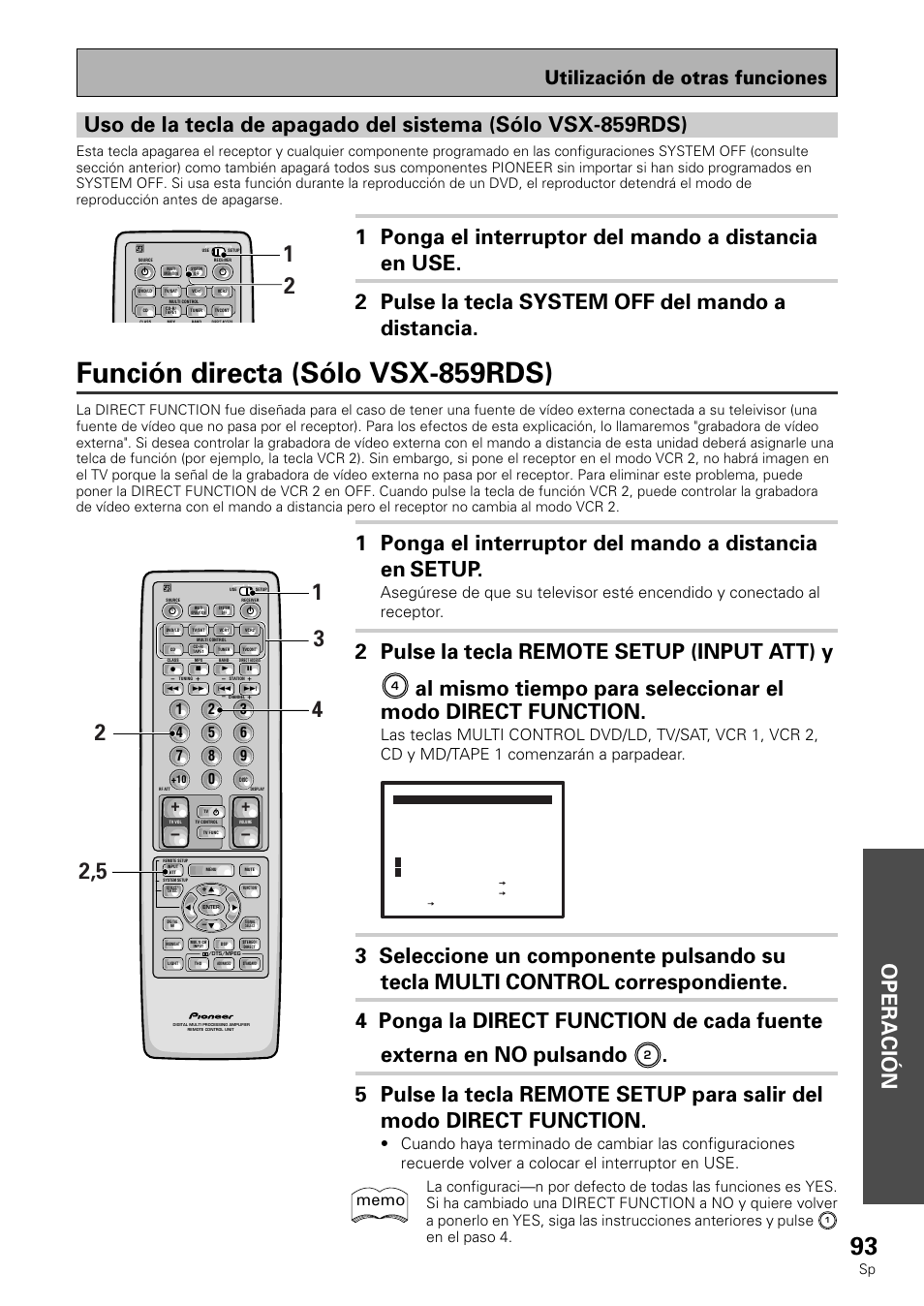 Función directa (vsx-859rds), Función directa (sólo vsx-859rds), Operación | 2 pulse la tecla remote setup (input att) y, Utilización de otras funciones, En el paso 4 | Pioneer VSX-839RDS User Manual | Page 93 / 116