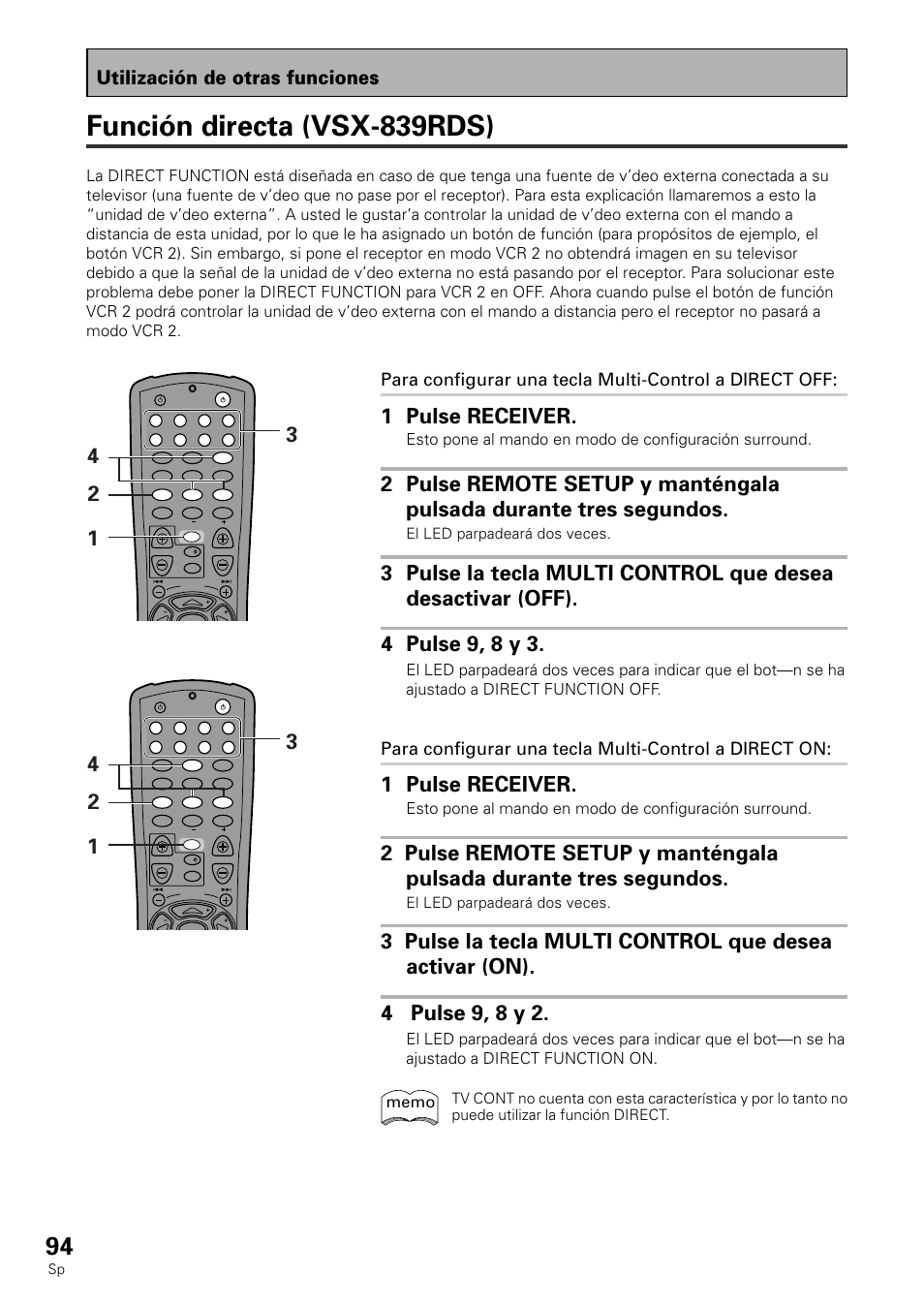Función directa (vsx-839rds), 1 pulse receiver, Utilización de otras funciones | El led parpadeará dos veces | Pioneer VSX-839RDS User Manual | Page 94 / 116