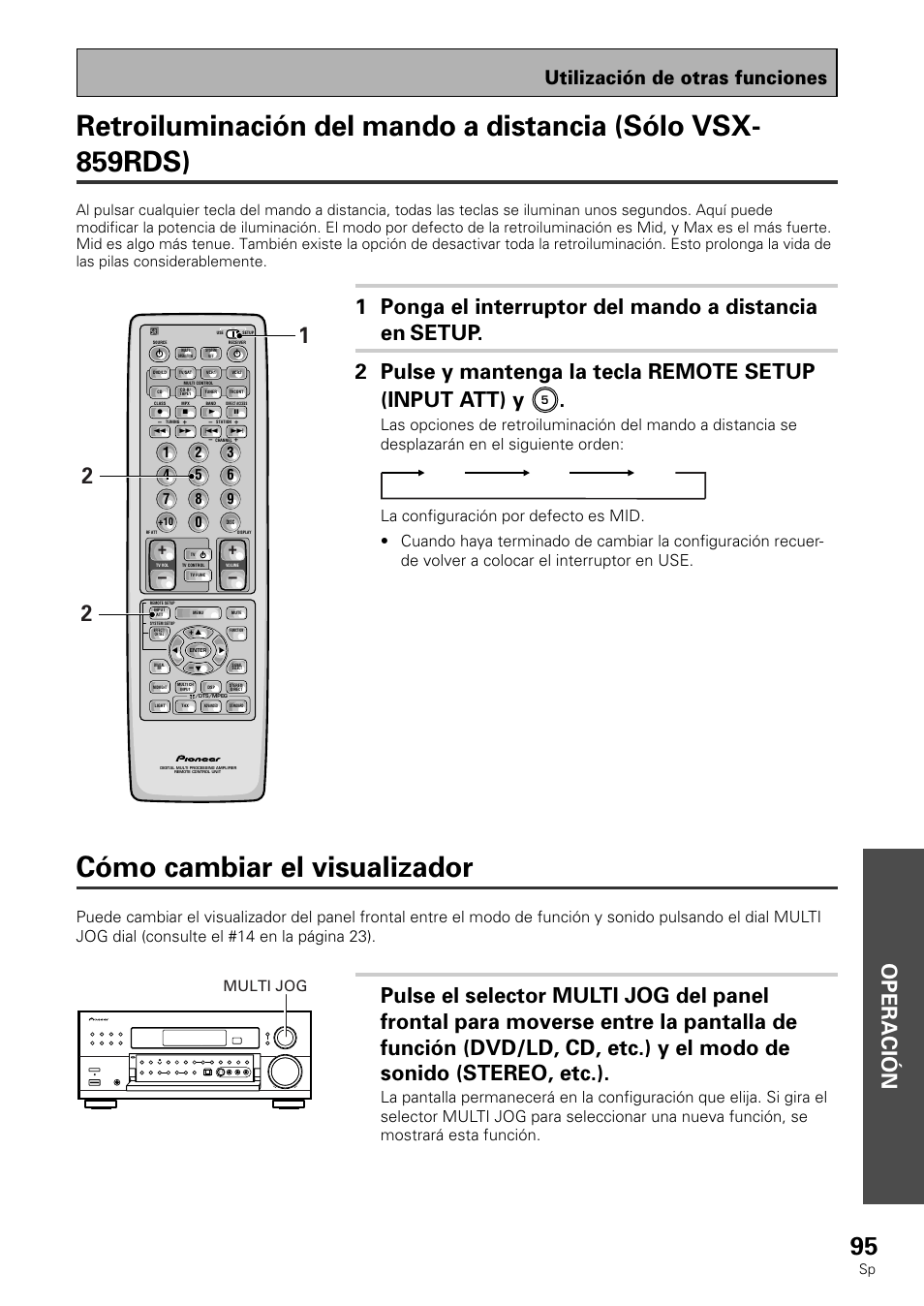Cómo cambiar el visualizador, Operación, Utilización de otras funciones | Multi jog, Mid max off | Pioneer VSX-839RDS User Manual | Page 95 / 116