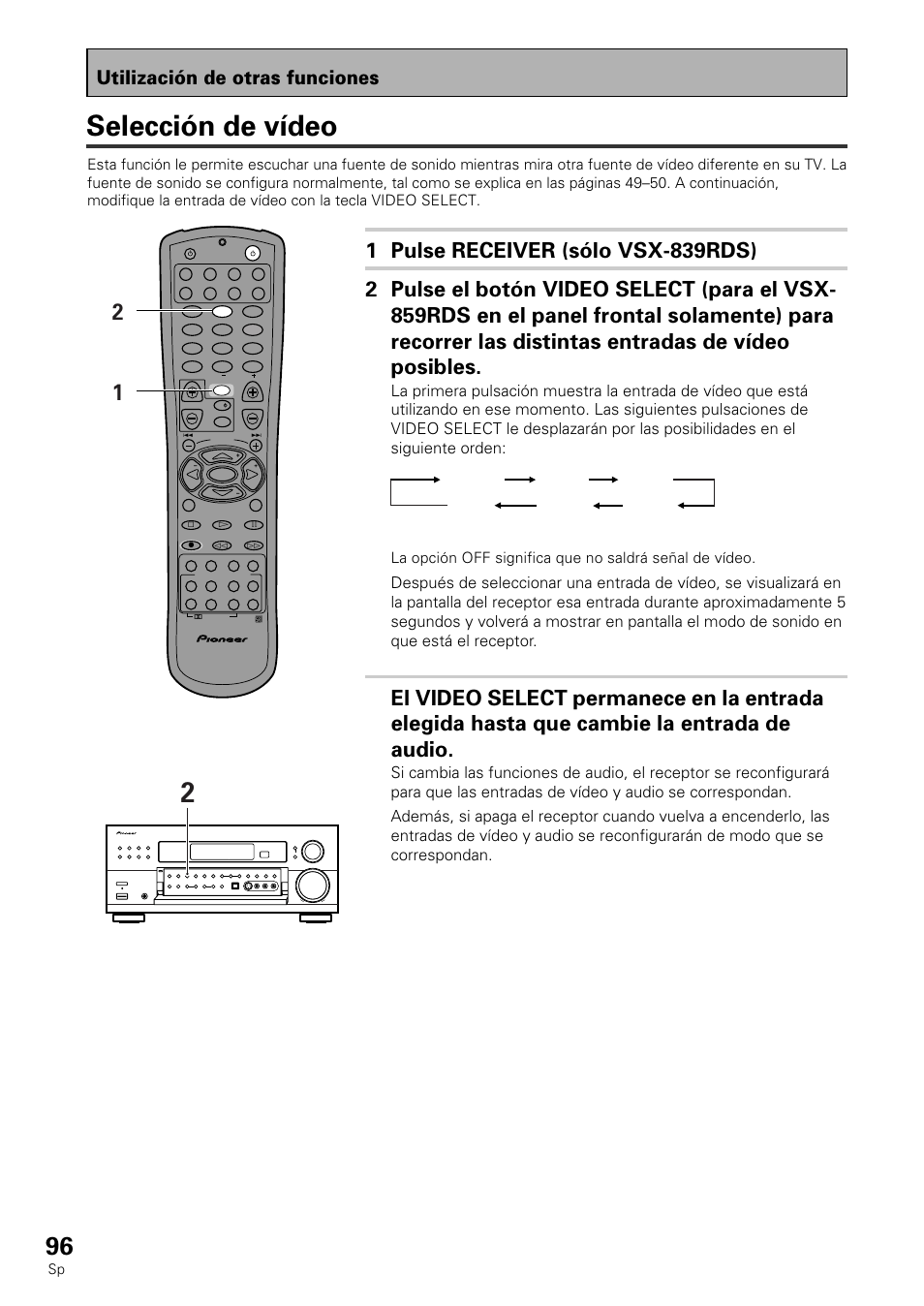 Selección de vídeo, Utilización de otras funciones, Dvd/ld vcr1 vcr2 off video tv/sat | Pioneer VSX-839RDS User Manual | Page 96 / 116