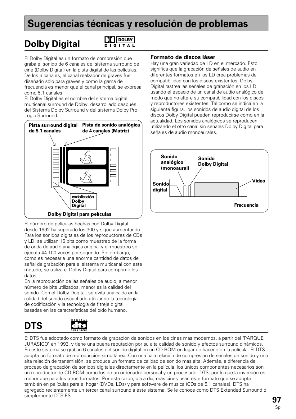 Sugerencias técnicas y resolución de problemas, Dolby digital dts, Dolby digital | Pioneer VSX-839RDS User Manual | Page 97 / 116