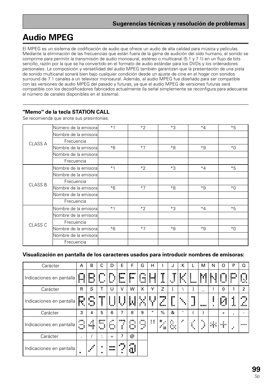 Mpeg audio, Audio mpeg, Sugerencias técnicas y resolución de problemas | Pioneer VSX-839RDS User Manual | Page 99 / 116