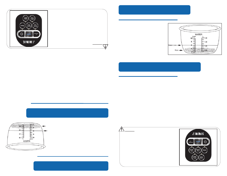 Using your rice cooker, Cooking guide, Guiasde coccion | Comousar suaparato, Inner pot water lines, Lín eas de agu ain ter ior ese nla olla, Par au sar elp rog ram ado rd elt iem po | Aroma ARC-150SB User Manual | Page 9 / 21