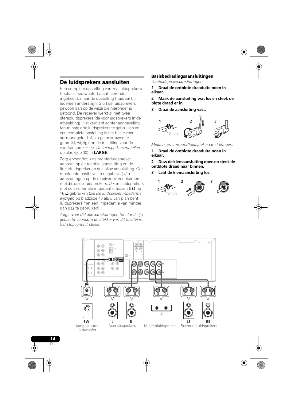 De luidsprekers aansluiten, Basisbedradingsaansluitingen | Pioneer VSX-418 K User Manual | Page 14 / 82