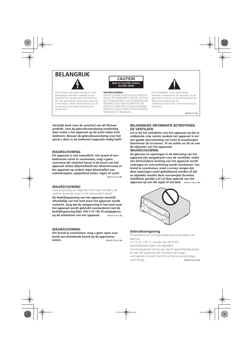 Belangrijk, Caution | Pioneer VSX-418 K User Manual | Page 2 / 82