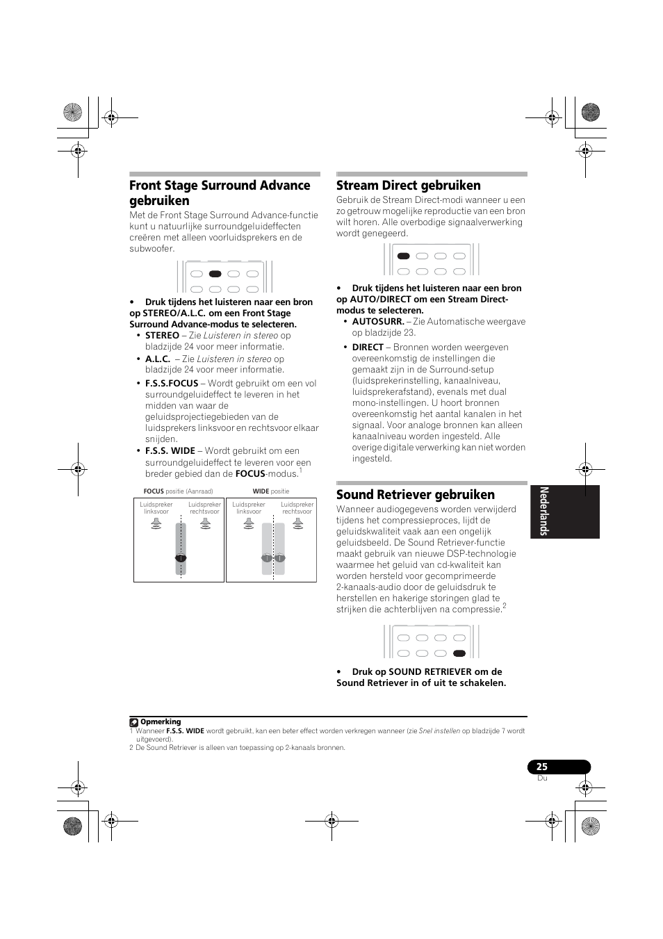 Front stage surround advance gebruiken, Stream direct gebruiken, Sound retriever gebruiken | Pioneer VSX-418 K User Manual | Page 25 / 82