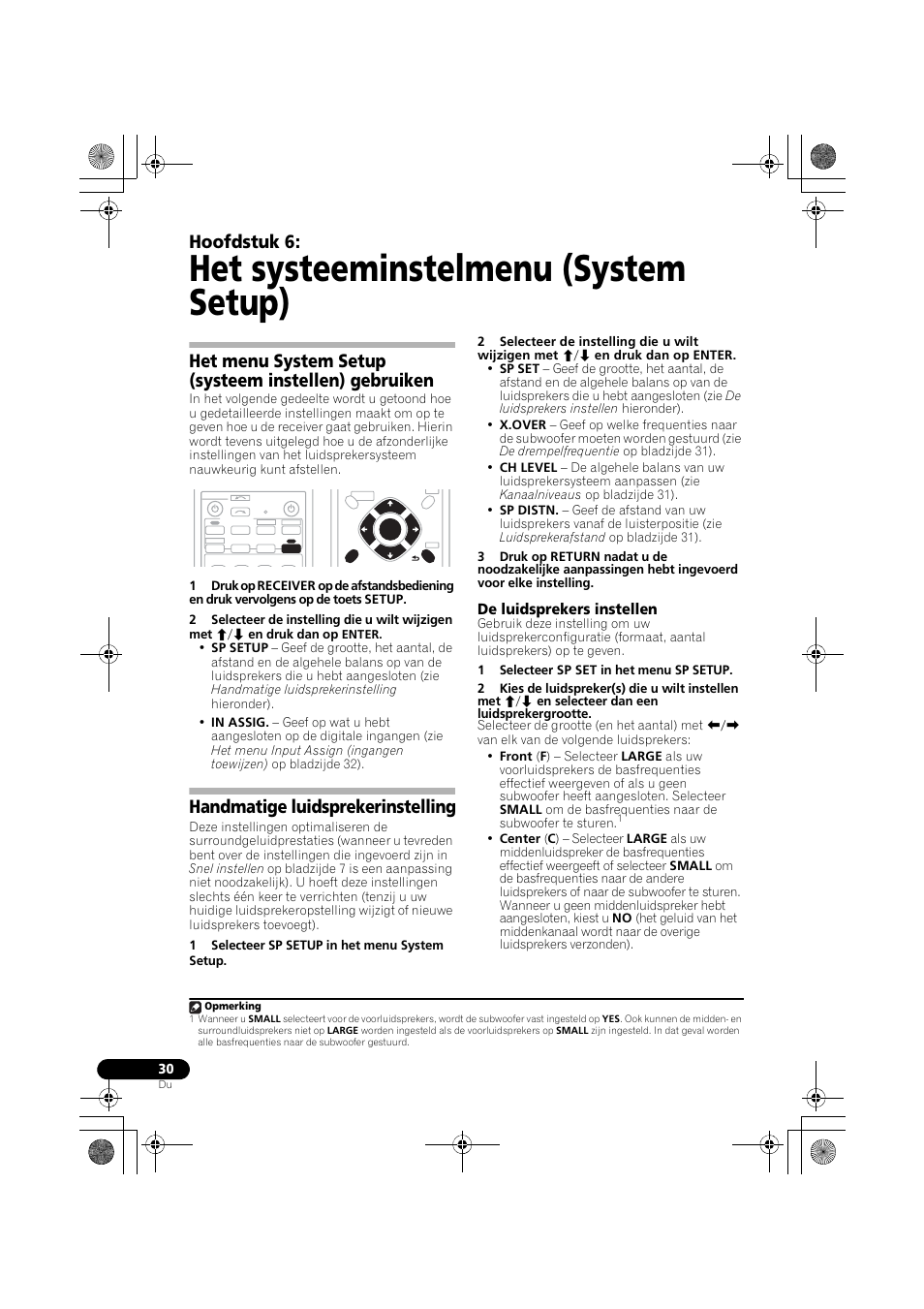 De luidsprekers instellen, Het systeeminstelmenu (system setup), Hoofdstuk 6 | Handmatige luidsprekerinstelling | Pioneer VSX-418 K User Manual | Page 30 / 82