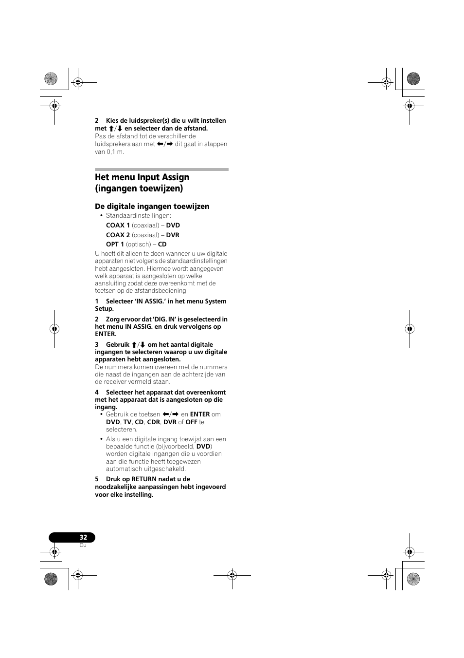 Het menu input assign (ingangen toewijzen), De digitale ingangen toewijzen | Pioneer VSX-418 K User Manual | Page 32 / 82