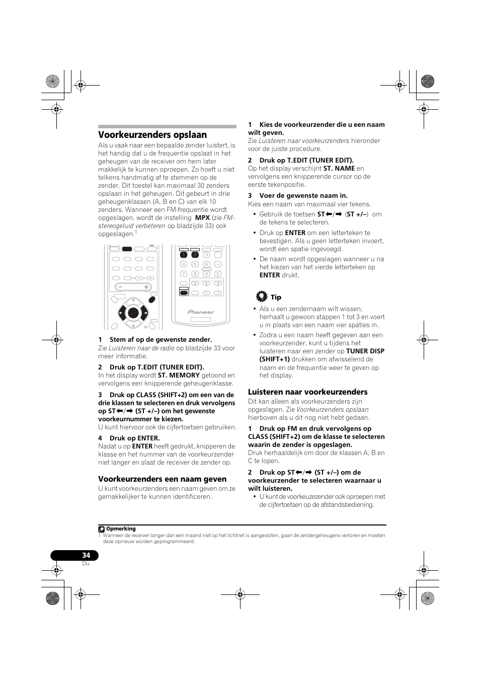 Voorkeurzenders opslaan, Voorkeurzenders een naam geven, Luisteren naar voorkeurzenders | Pioneer VSX-418 K User Manual | Page 34 / 82