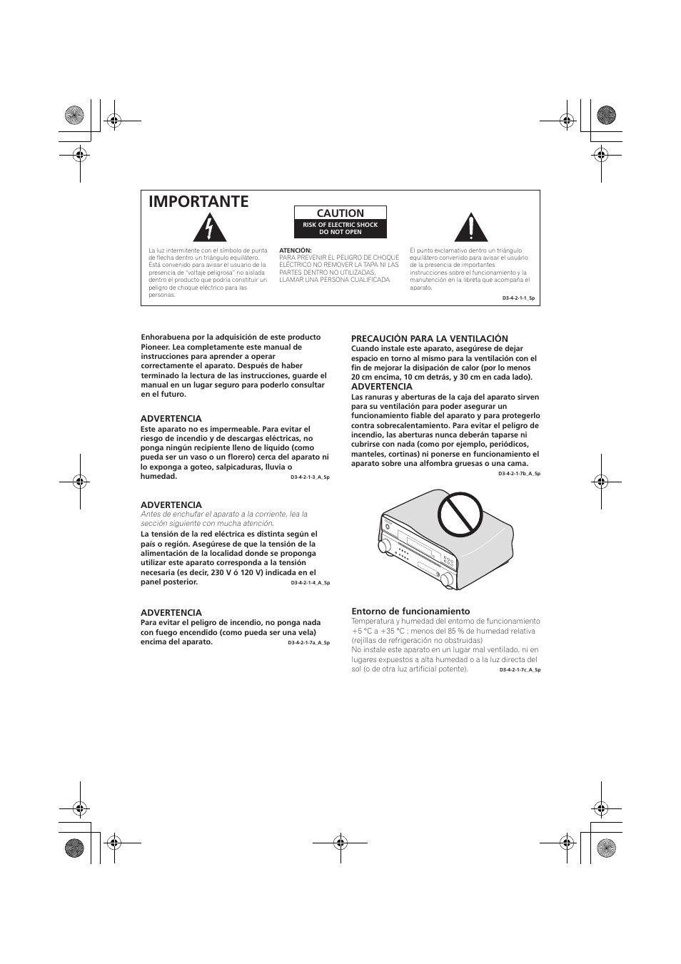 Importante, Caution | Pioneer VSX-418 K User Manual | Page 42 / 82