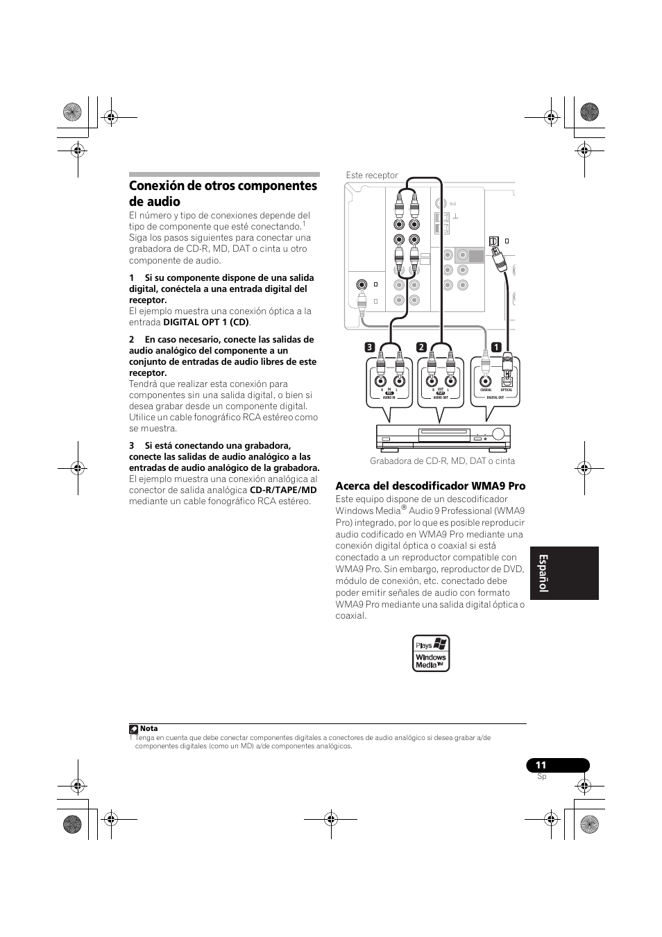 Conexión de otros componentes de audio, Acerca del descodificador wma9 pro | Pioneer VSX-418 K User Manual | Page 51 / 82