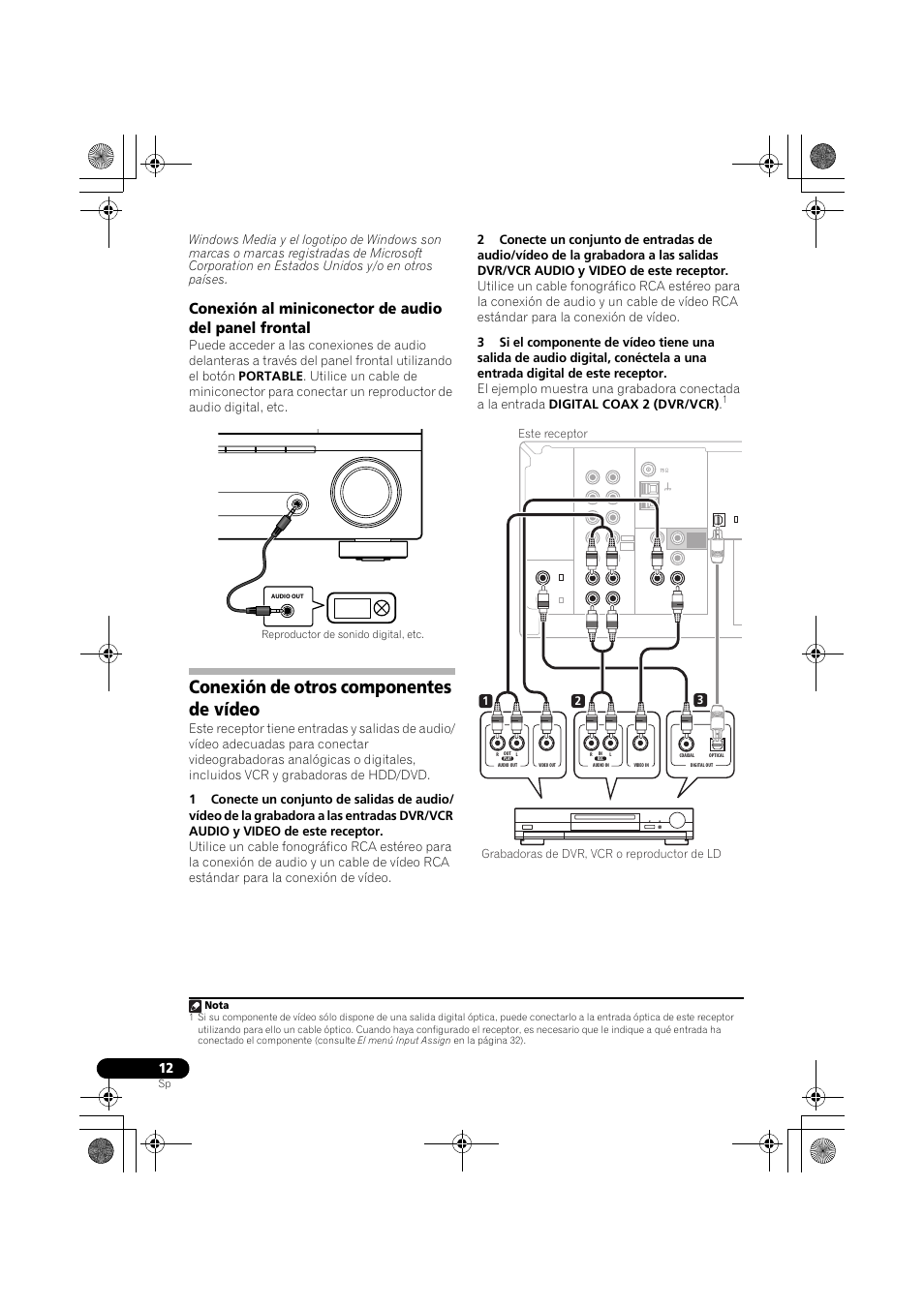 Conexión de otros componentes de vídeo, Reproductor de sonido digital, etc. nota | Pioneer VSX-418 K User Manual | Page 52 / 82