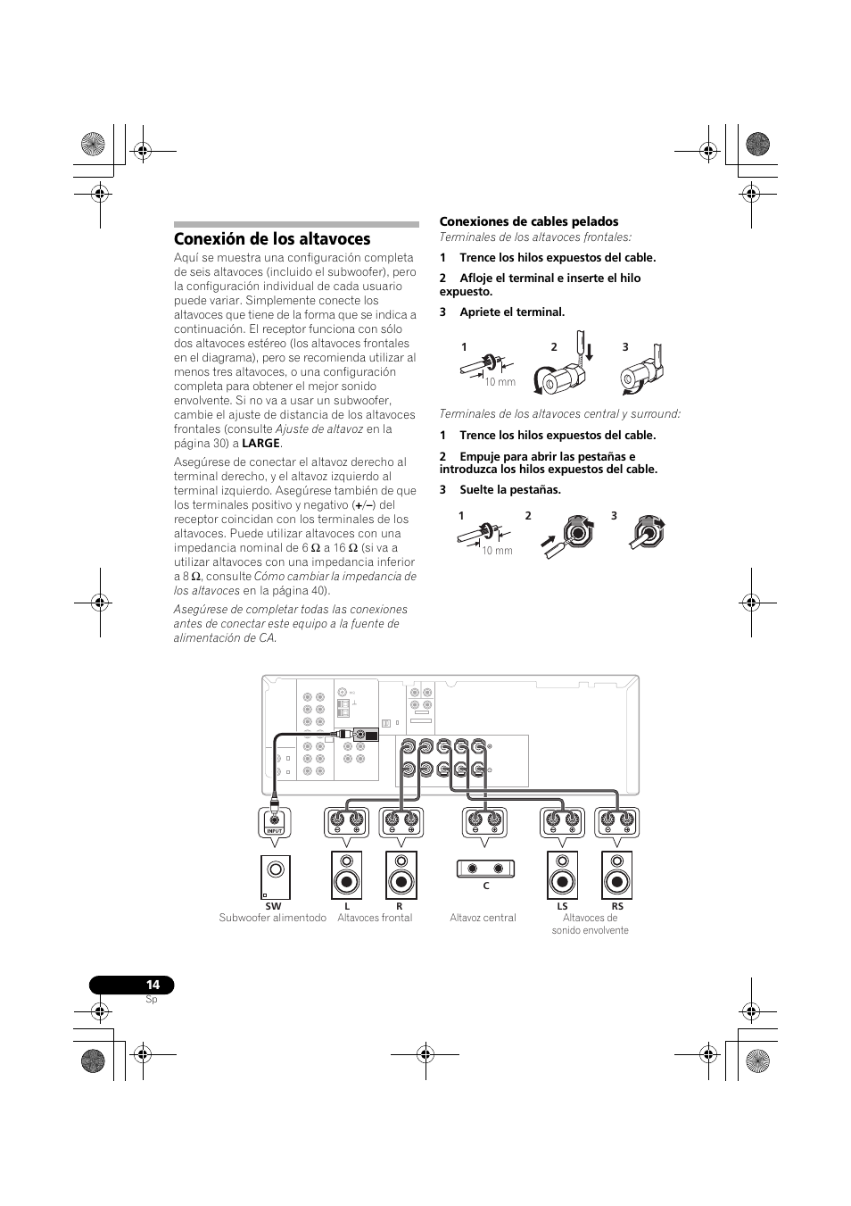Conexión de los altavoces, Conexiones de cables pelados | Pioneer VSX-418 K User Manual | Page 54 / 82