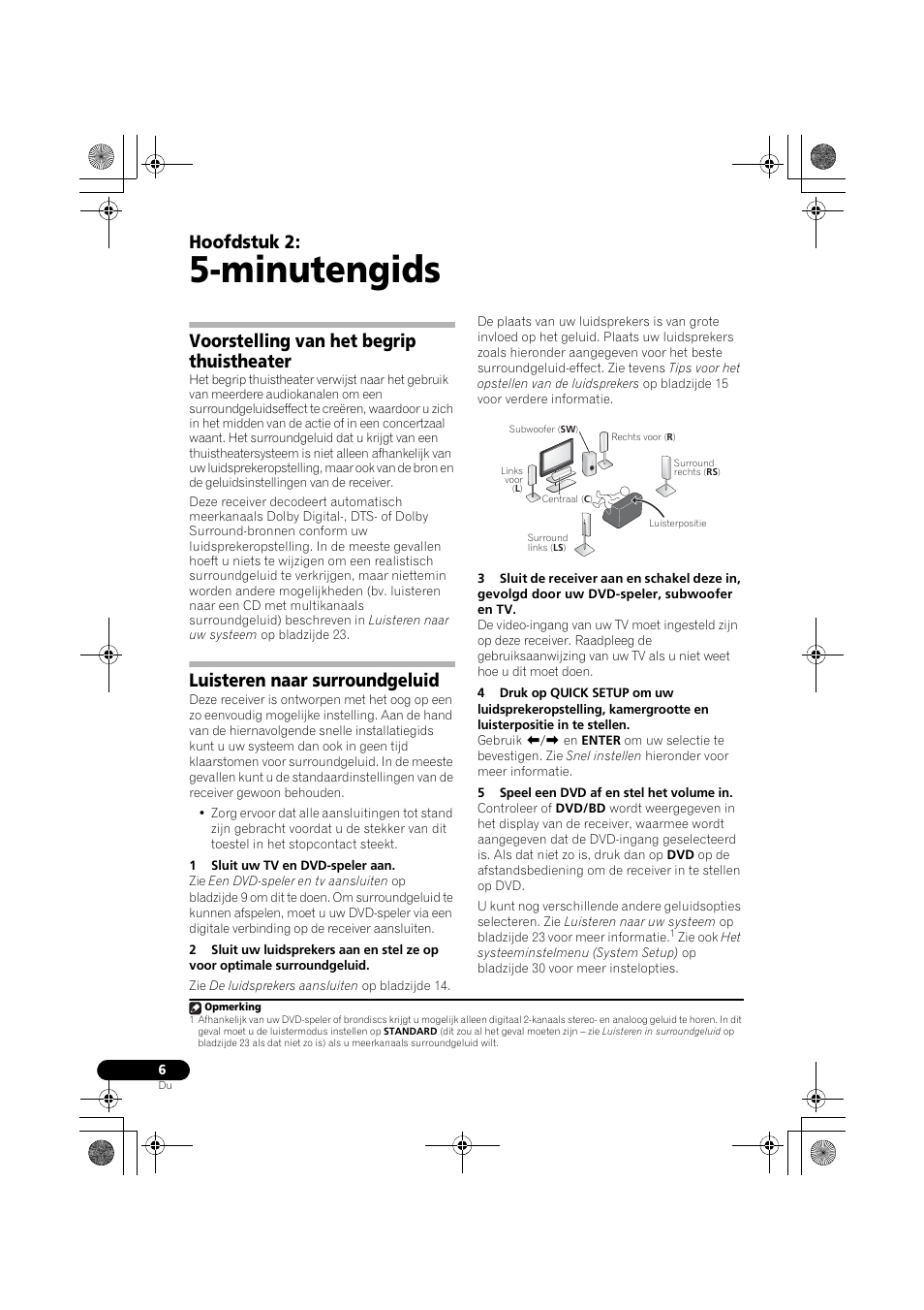 Minutengids, Hoofdstuk 2, Voorstelling van het begrip thuistheater | Luisteren naar surroundgeluid | Pioneer VSX-418 K User Manual | Page 6 / 82