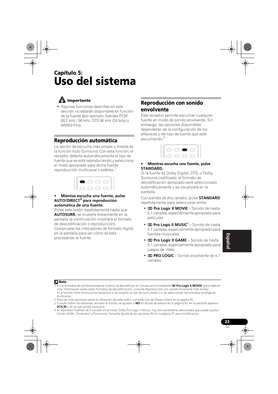 Uso del sistema, Capítulo 5, Reproducción automática | Reproducción con sonido envolvente | Pioneer VSX-418 K User Manual | Page 63 / 82