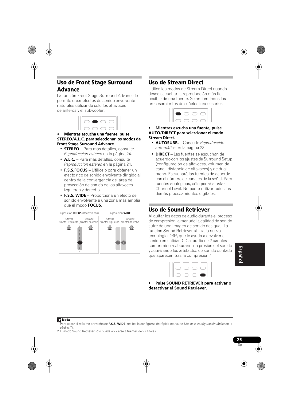 Uso de front stage surround advance, Uso de stream direct, Uso de sound retriever | Pioneer VSX-418 K User Manual | Page 65 / 82