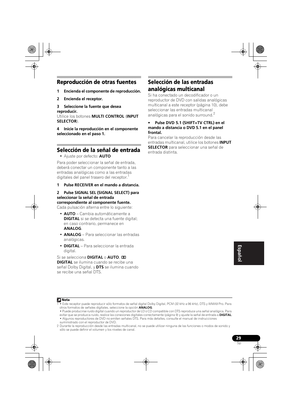 Reproducción de otras fuentes, Selección de la señal de entrada, Selección de las entradas analógicas multicanal | Pioneer VSX-418 K User Manual | Page 69 / 82