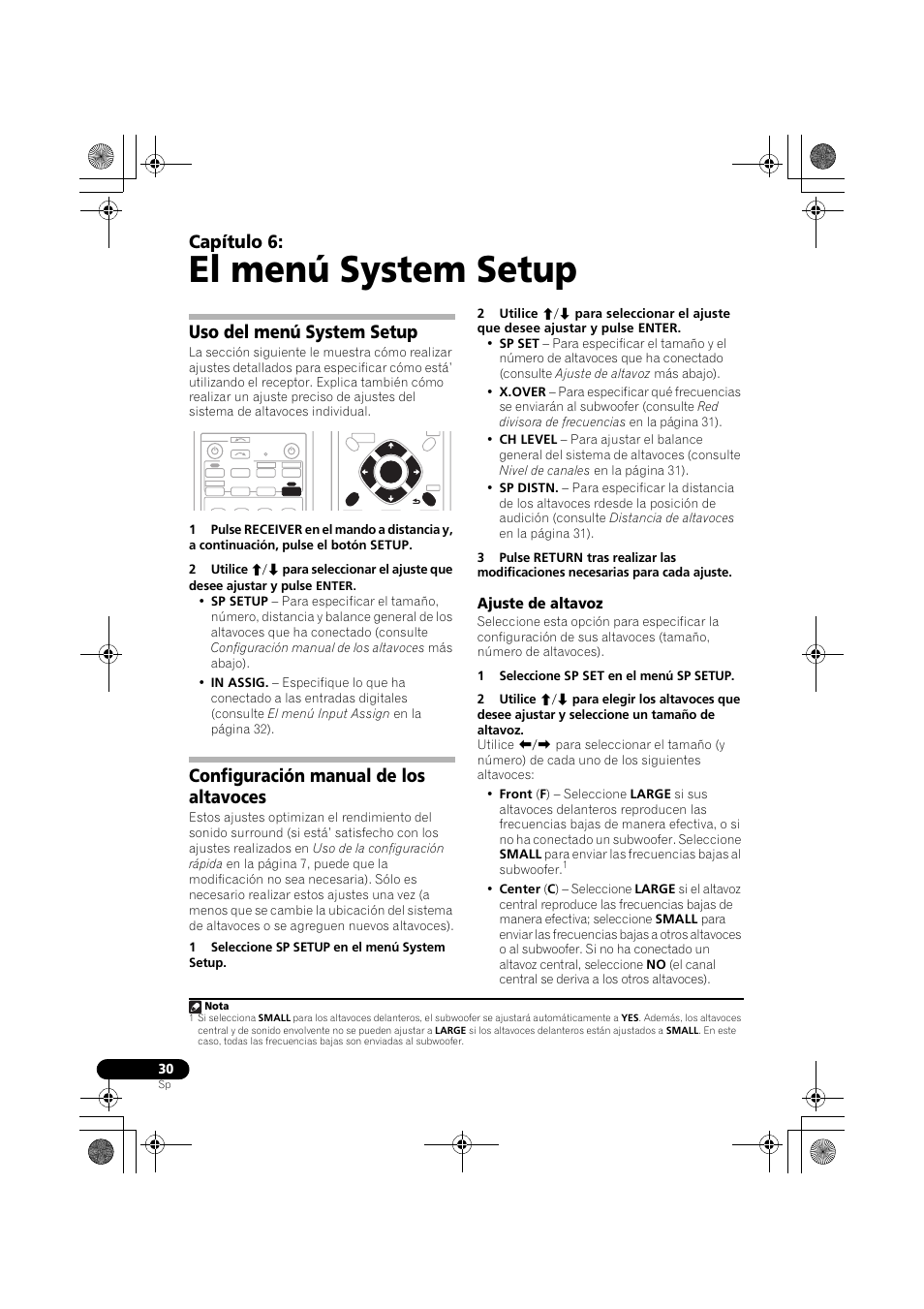 Ajuste de altavoz, El menú system setup, Capítulo 6 | Uso del menú system setup, Configuración manual de los altavoces | Pioneer VSX-418 K User Manual | Page 70 / 82