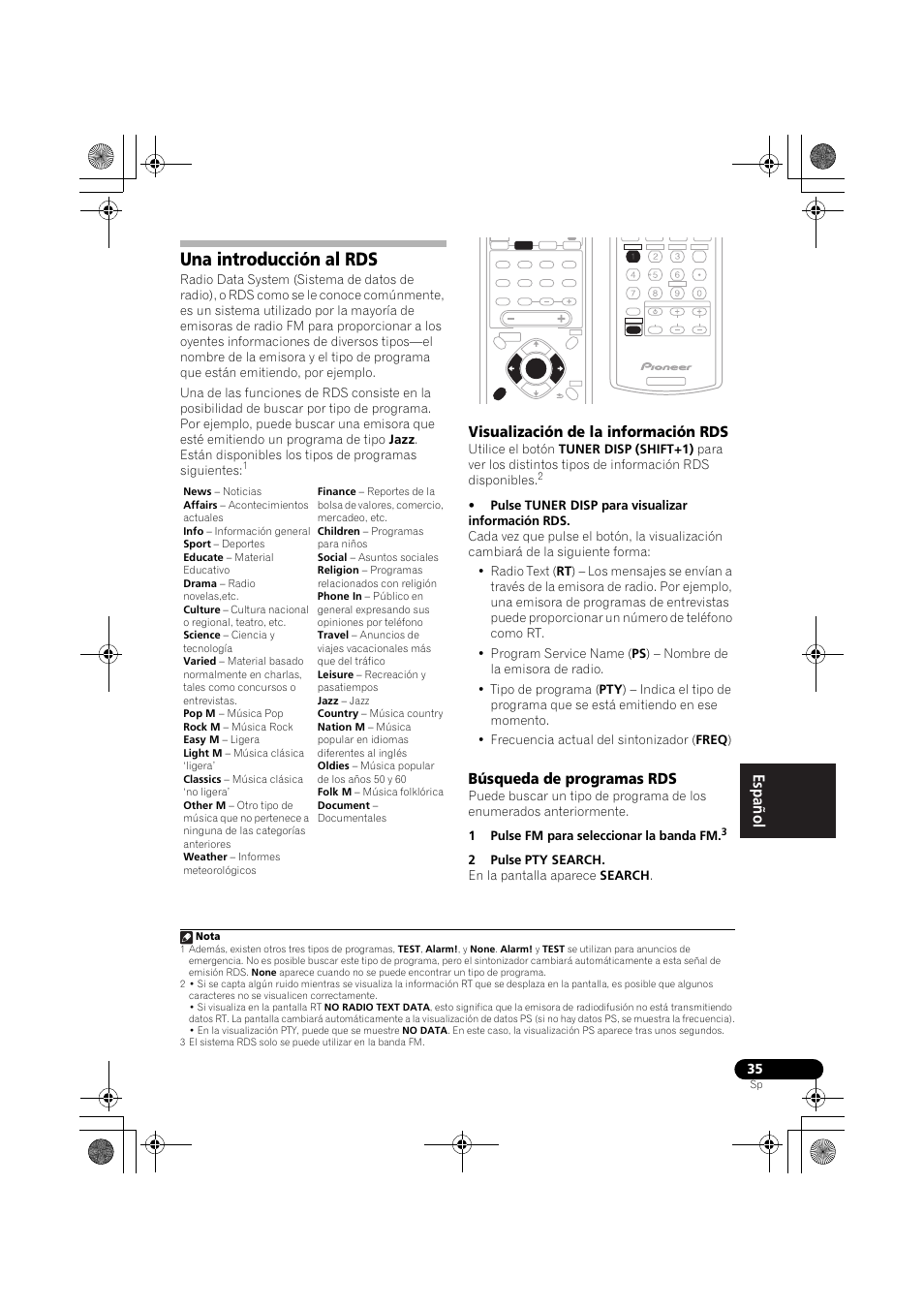 Una introducción al rds, Visualización de la información rds, Búsqueda de programas rds | 2pulse pty search. en la pantalla aparece search | Pioneer VSX-418 K User Manual | Page 75 / 82