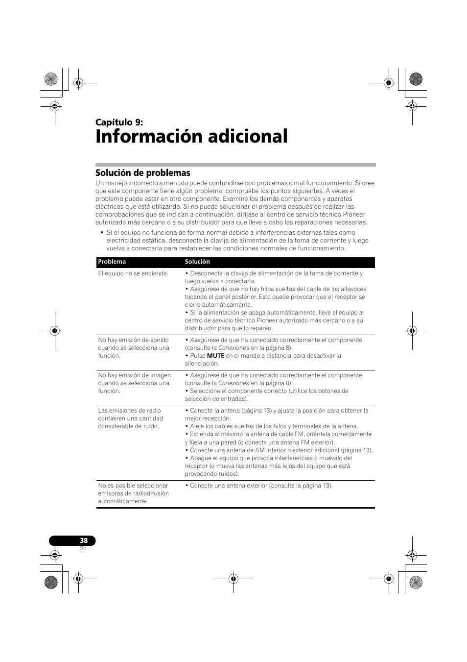 Solución de problemas, Información adicional, Capítulo 9 | Pioneer VSX-418 K User Manual | Page 78 / 82