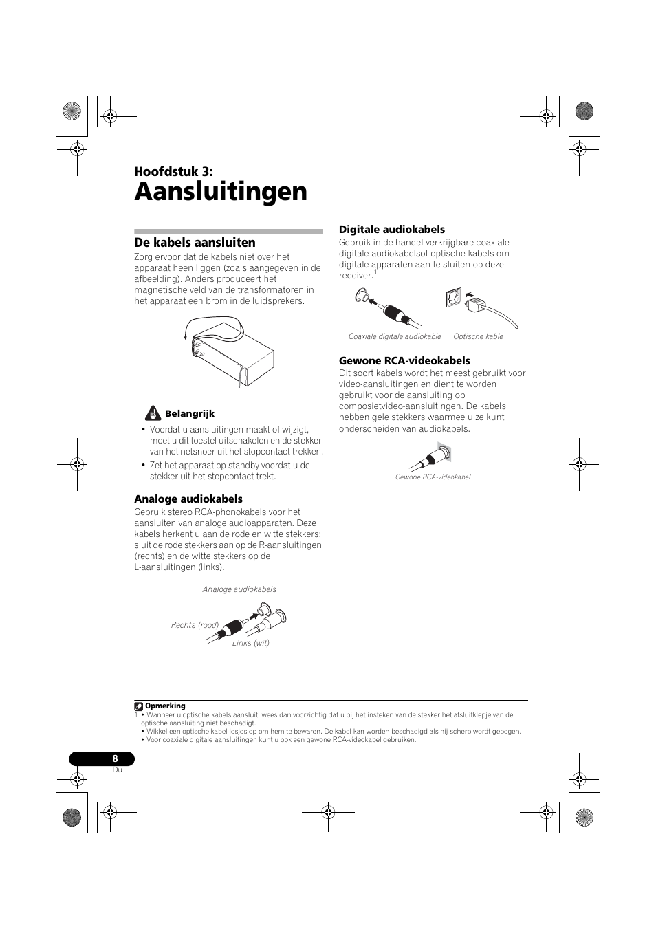 De kabels aansluiten, Aansluitingen, Hoofdstuk 3 | Pioneer VSX-418 K User Manual | Page 8 / 82